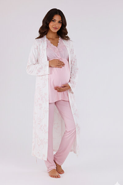 lohusahamile Pink Dressing Gown Lace Detailed Dressing Gown Maternity Pajama Set