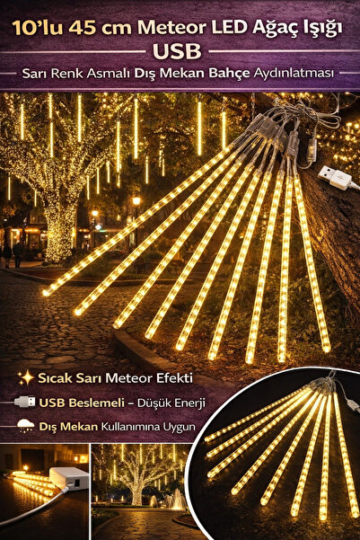 Hane Dostu 10’lu 45 cm Meteor LED Ağaç Işığı USB – Sarı Renk Asmalı Dış Mekan...