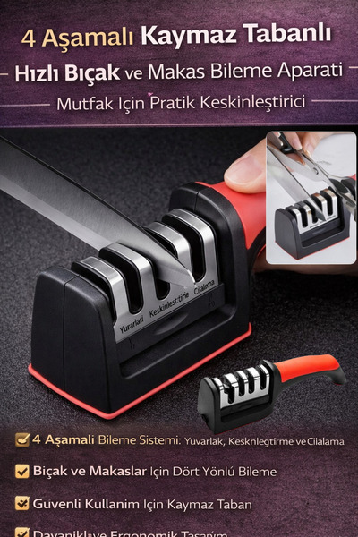Hane Dostu 4 Aşamalı Kaymaz Tabanlı Hızlı Bıçak ve Makas Bileme Aparatı – Mut...