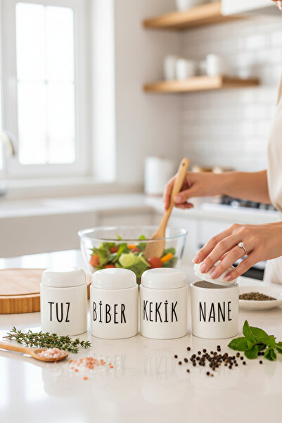 Paşabahçe 4'lü Porselen Baharatlık Seti-Tuz Biber Kekik Nane Yazılı -Modern M...