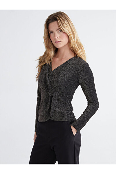 LC Waikiki LCWAIKIKI Basic Kruvaze Yaka Parlak Görünümlü Büzgülü Bluz