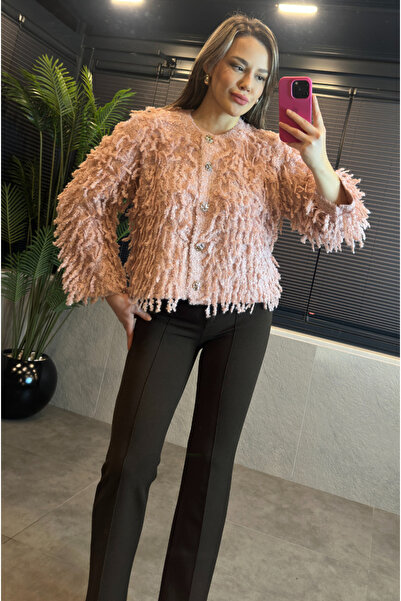 MİR STORE Pink Crew Neck Fringed Cardigan