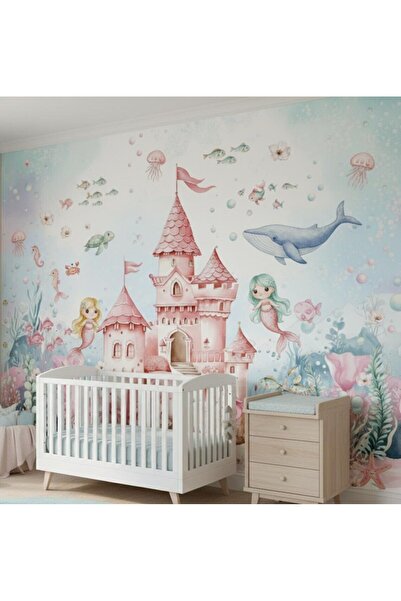 Ayzun Tek Parça Kumaş Tekstil - Kız Çocuk Odası İçin Deniz Kızı Duvar Kağıdı