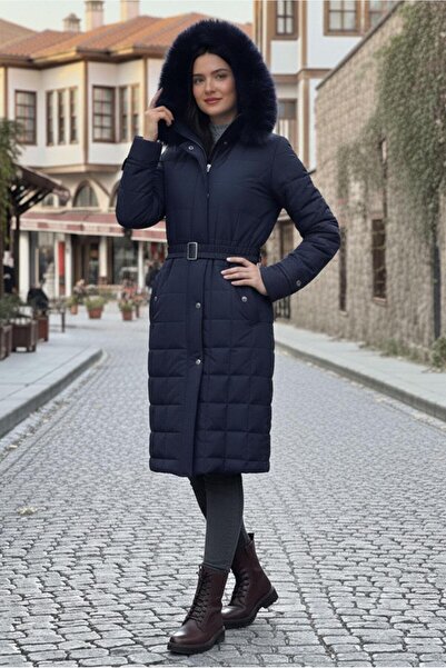 TRENDTESETTÜR Women's Navy Blue Belted Quilted Coat t 0002