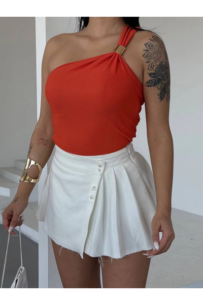 ZENGEZUR MALL Lvsqvr One Shoulder Ottoman Fabric Gold Metal Detailed Blouse S...