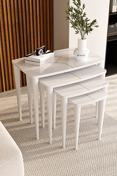 BENİCE HOME Nova Series, Beyaz Gold 4'lü Zigon Sehpa Takımı, 1.sınıf MDF ve L...