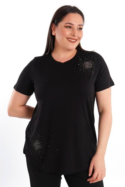 SERTUĞ بلوزة تريند42بلس كبيرة الحجم ستون مطبوع باللون الأسود