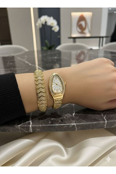 LÜMEN BUJİTERİ Kadın Gold Renk Zirkon Taşlı Model Yılan Kol Saati