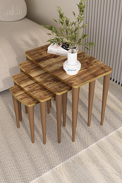 BENİCE HOME Vena Series, Ceviz 4'lü Zigon Sehpa Takımı, 1.sınıf Lak Panel Tab...