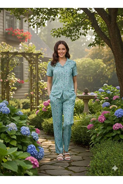 İpek طقم بيجامة نسائي منسوج بأكمام قصيرة وأزرار أمامية بنقشة اليعسوب