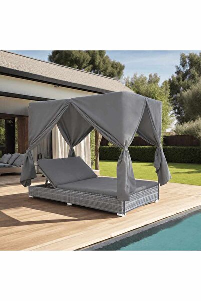 vidaxl Outdoor Lounge Bed with Curtains Poly Rattan Grey