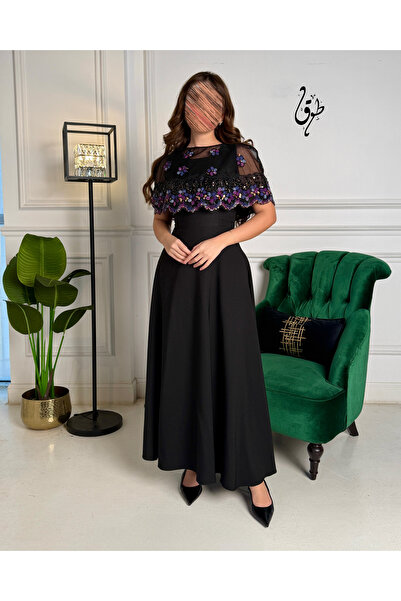 toog فستان سهرة أسود طويل بتطريز بنفسجي فاخر