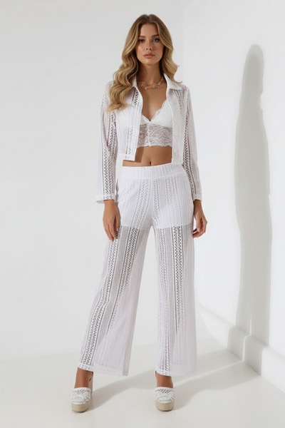 İntive Lingerie Lace Patterned Jacquard Crop Shirt Collar Jacket