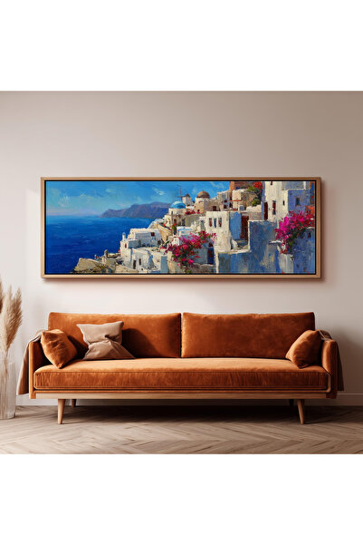 woodhomeworks Tek Parça Gerçek Ahşap Yatay Panorama Çerçeveli Tablo santorini