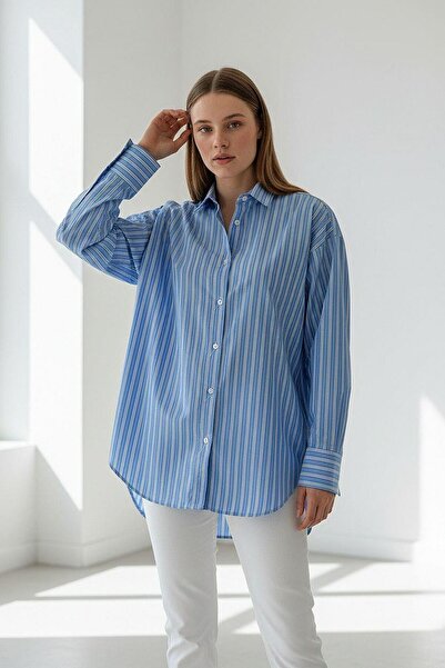 Madmext Blue Striped Regular Cut Women's Shirt Mg2610