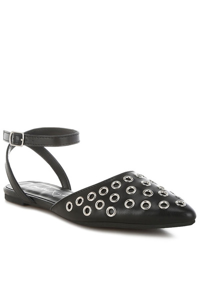 london Rag Women Metallic Eyelet Detail Flat Sandals in Black