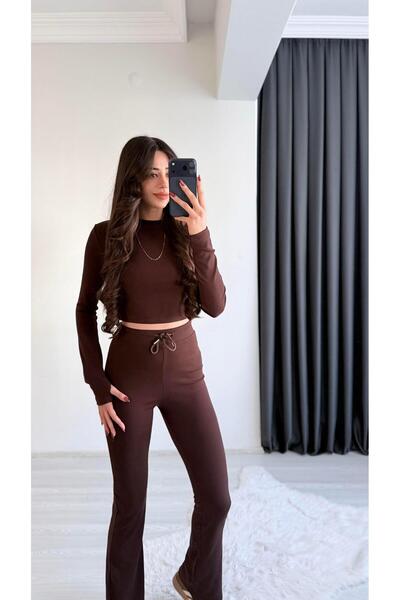 Sedaunlu Meyra Original Brand Brown Melange Crop Pants Two-Piece Set