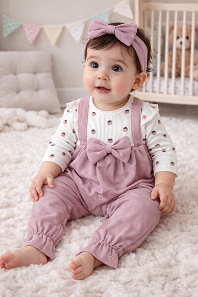 AKİ MODA KİDS طقم أفرول وبادي سوت بأكمام طويلة للبنات الرضع، بنقشة فراولة مع ...