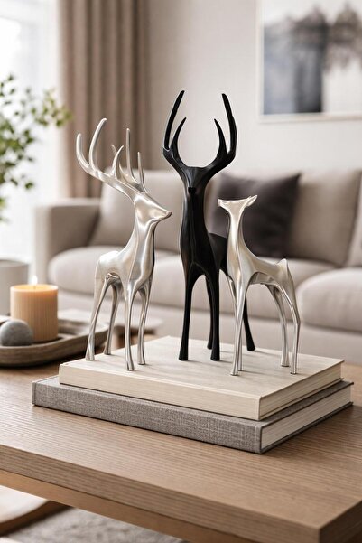 SONMEZSTORE Soyut Geyik Aile Figürlü Modern Dekoratif Biblo Gümüş-Siyah Hediy...