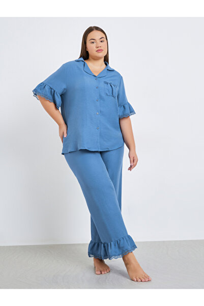 Styli Plus Size Ruffle Lace Trim Shirt and Pyjama Set