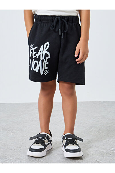 Styli Boys Black Slogan Print Cotton Shorts