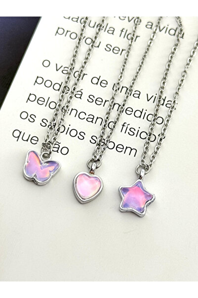 roshel مجموعة من 3 قلادات هولوغرام فولاذية بسيطة على شكل قلب ونجمة وفراشة هدي...