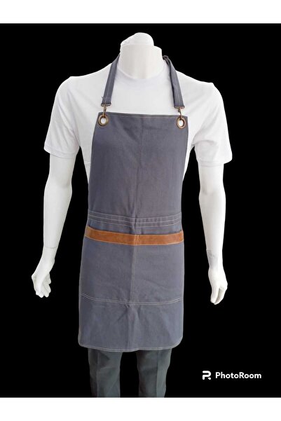 E-Uniform Koyu Gri Cep ve Deri Detaylı Boydan Önlük Mutfak Barista