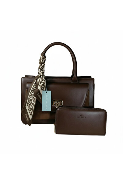 Chrisbella Dark Brown Luxury Handbag with Sling & Matching Wallet