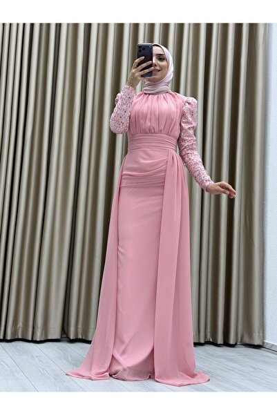 Matik Abiyem Long Sleeve Draped Detailed Chiffon Evening Dress