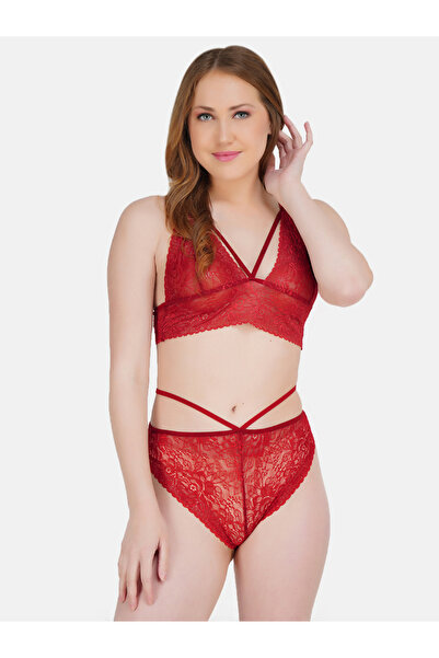 Hill Islands By Styli Women Red Lace Self Design Top and Bikini Set