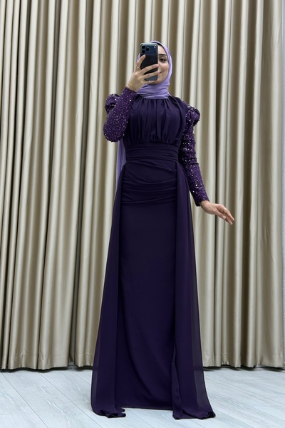 Matik Abiyem Long Sleeve Draped Detailed Chiffon Evening Dress