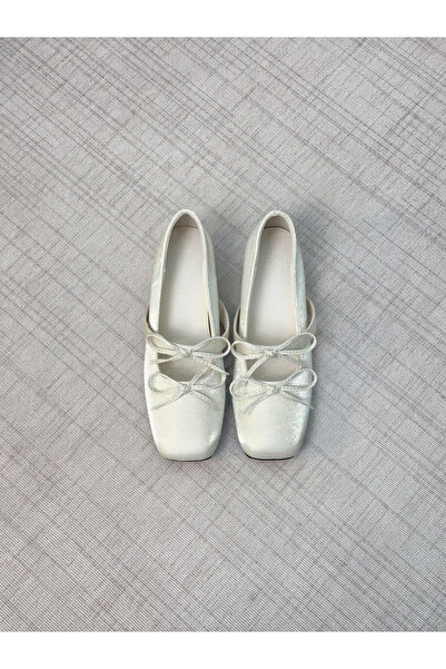 Take Two By Styli Women Beige Square Toe Bow Detail Ballerina Shoes