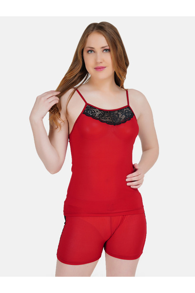 Hill Islands By Styli Women Red Lace Trim Cami and Shorts Set