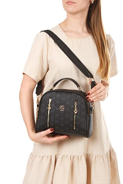NEWISH POLO ACCESSORIES Women's Patterned Shoulder Bag Handbag Black with Gol...