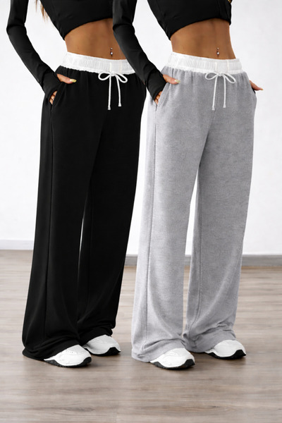 pandy 2'li Beyaz Kemerli Yüksek Bel Kadın Bol Paça Eşofman Altı