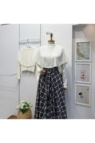 Faya Boutique Beyaz Ridea Pelerinli Kazak