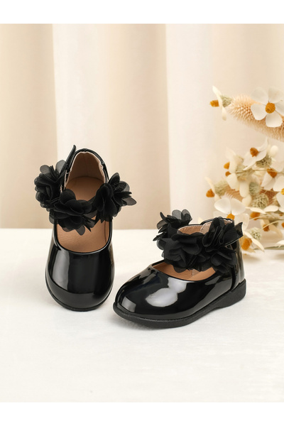 Take Two By Styli Girls Black Flower Flat Ballerina Shoes