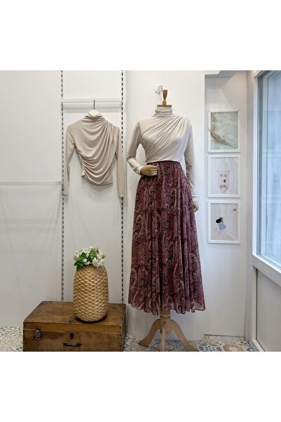 Faya Boutique Beli Lastikli Bordo Şal Desen Şifon Etek