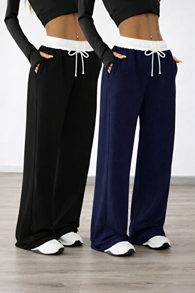 pandy 2'li Beyaz Kemerli Yüksek Bel Kadın Bol Paça Eşofman Altı