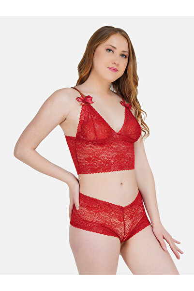 Hill Islands By Styli Women Red Lace Lace Bralette and Shorts Set