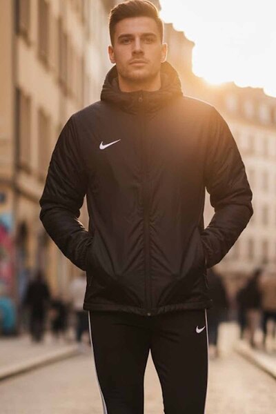 Nike معطف رياضي رجالي باللون الأسود كاجوال بغطاء رأس