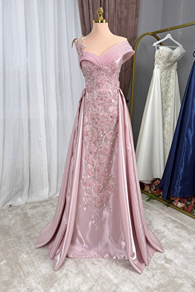 Lenta Moda Pudra Çiçekli Dantel Kaplama Lizbon Saten Abiye Ve Gece Elbisesi