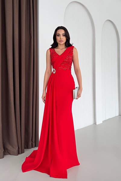 Serica Moda Red Waist Detailed Sequin Embroidered Evening Dress