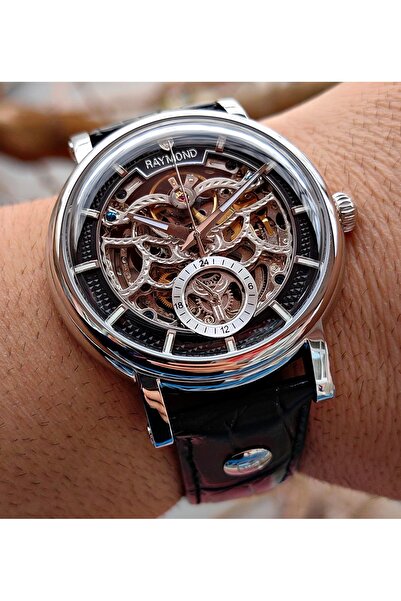 Raymond Silver Black Skeleton Automatic Men's Wristwatch