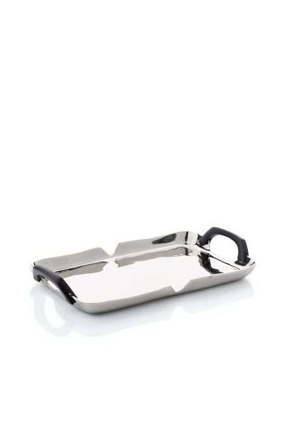 Blends صينية تقديم فضية بمقبض خشبي أسود