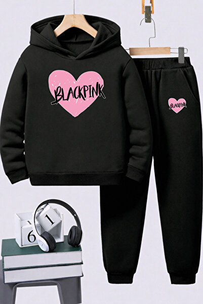SVART WEAR Черно-розов комплект детски суитчър с принт, 2 части, качулка и до...