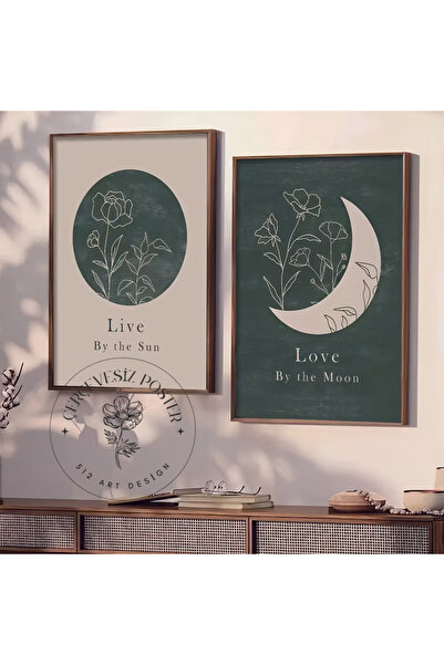 512 STORE Estetik Moon & Sun Green Ev Dekor Tasarım Çerçevesiz Kuşe Kağıt Pos...