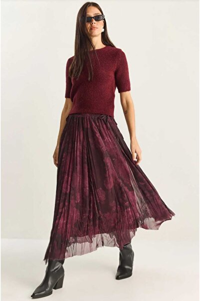 QUSTYLE Women's Wrinkled Effect Patterned Elastic Waist Lined Chiffon Skirt M...