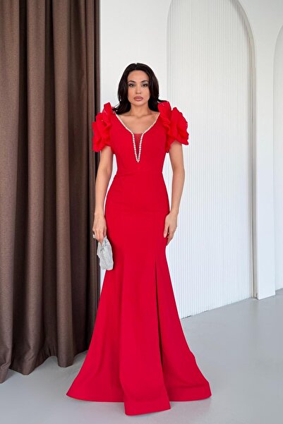 Serica Moda Red Shoulder Detail V-Neck Stone Embroidered Evening Dress