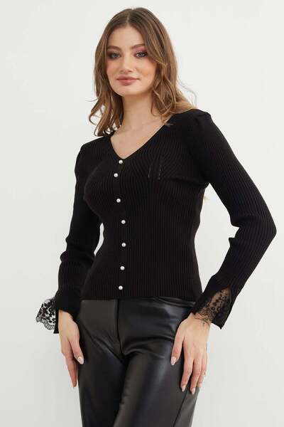 Fulla Moda Pearl Detailed Sleeve Tip Lace Knitwear Sweater